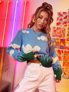 雲朵圖案撞色套頭毛衣 - 彩色 - 查看 6