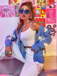 Nữ Cardigans Túi Nút phía trước Hoạt hình Giải trí - Màu xanh lam - Xem 3