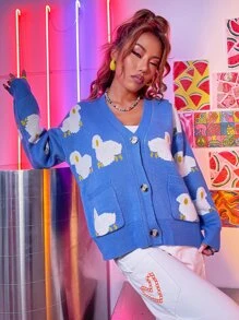 Nữ Cardigans Túi Nút phía trước Hoạt hình Giải trí - Màu xanh lam - Xem 4