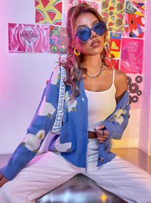 Nữ Cardigans Túi Nút phía trước Hoạt hình Giải trí - Màu xanh lam - Xem 6