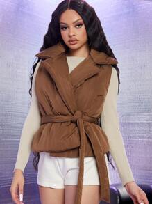 SHEIN 翻领系带夹棉大衣（不含 T 恤） - 棕色 - 查看 1