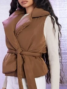 SHEIN 翻领系带夹棉大衣（不含 T 恤） - 棕色 - 查看 4