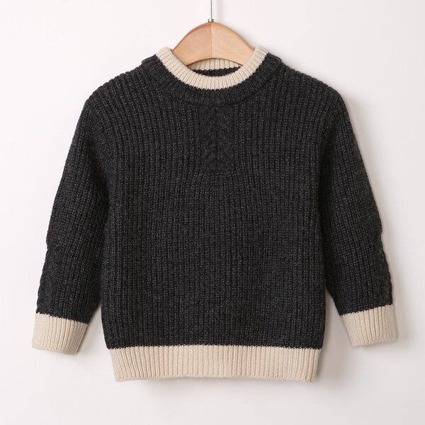 

Toddler Girls Contrast Trim Drop Shoulder Sweater, Dark grey