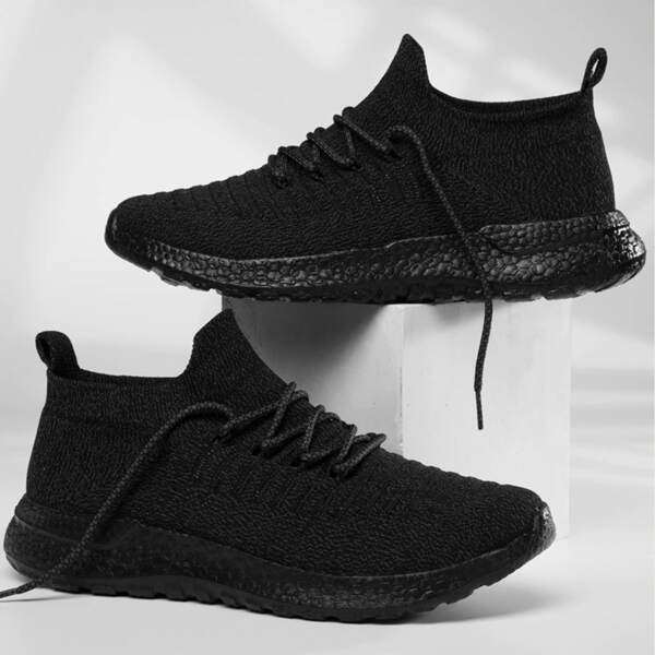 

Men Lace Up Decor Knit Running Shoes, Black