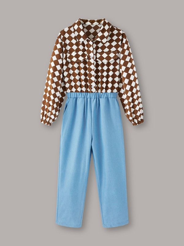 Girls Colorblock Contrast Geometrical Print Jumpsuit