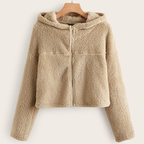 

Solid Zip Up Hooded Teddy Jacket, Apricot