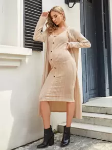 SHEIN 孕婦裝背心連衣裙帶外套 - 杏色 - 查看 5