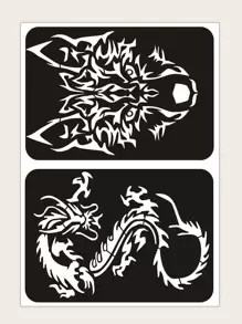 1 hoja Plantilla de tatuaje dragón chino & con patrón de lobo - Negro - Ver 1