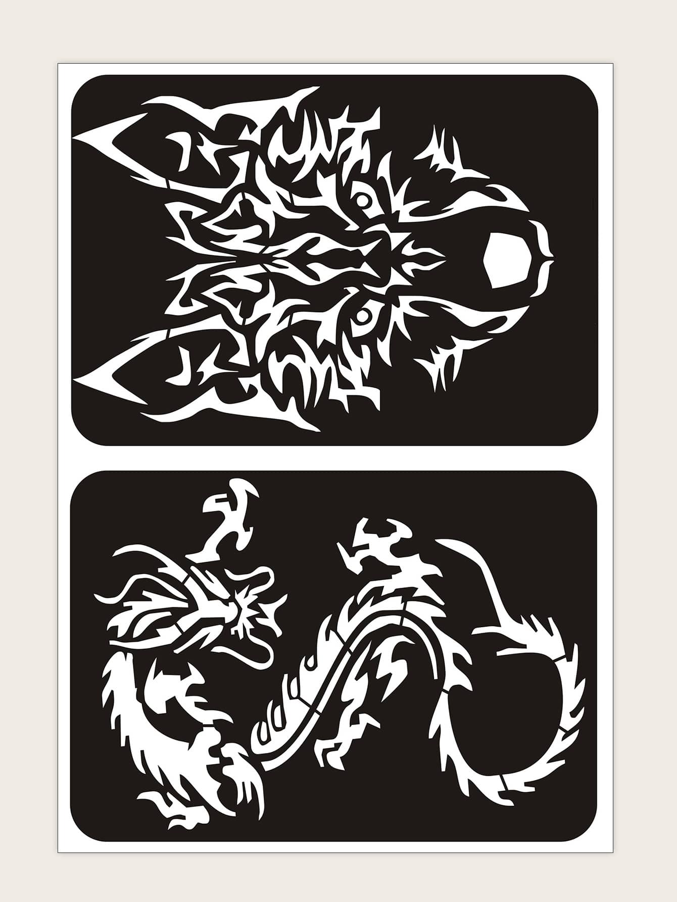 1 hoja Plantilla de tatuaje dragón chino & con patrón de lobo - Negro - Ver 1