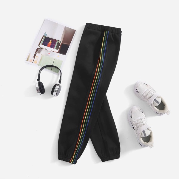 

Boys Contrast Striped Tape Sweatpants, Black