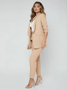SHEIN SXY Traje de blazer con cuello de chal y pantalones para otoño/invierno - Caqui - Ver 3