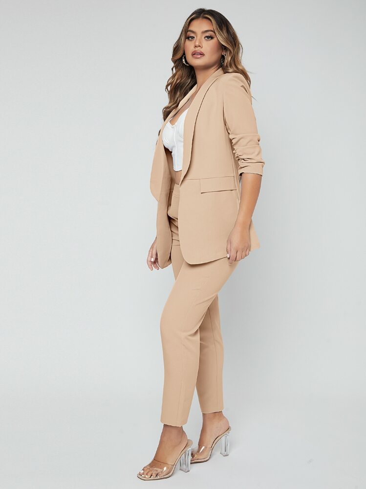 SHEIN SXY Shawl Neck Open Front Blazer & Pants Suit In Fall/Winter - Khaki - View 3
