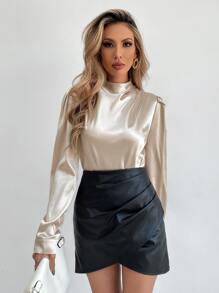 SHEIN Essnce Blusa cuello alzado con fruncido de satén - Beis - Ver 5