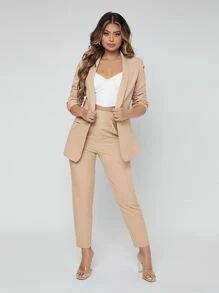 SHEIN SXY Traje de blazer con cuello de chal y pantalones para otoño/invierno - Caqui - Ver 4