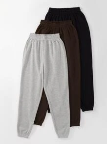 SHEIN Unity 3pcs Solid Elastic Waist Thermal Lined Joggers - Multicolor - View 3