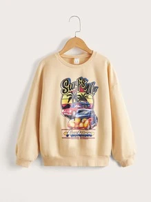 SHEIN Girls Slogan & Car Print Sweatshirt - Apricot - View 1