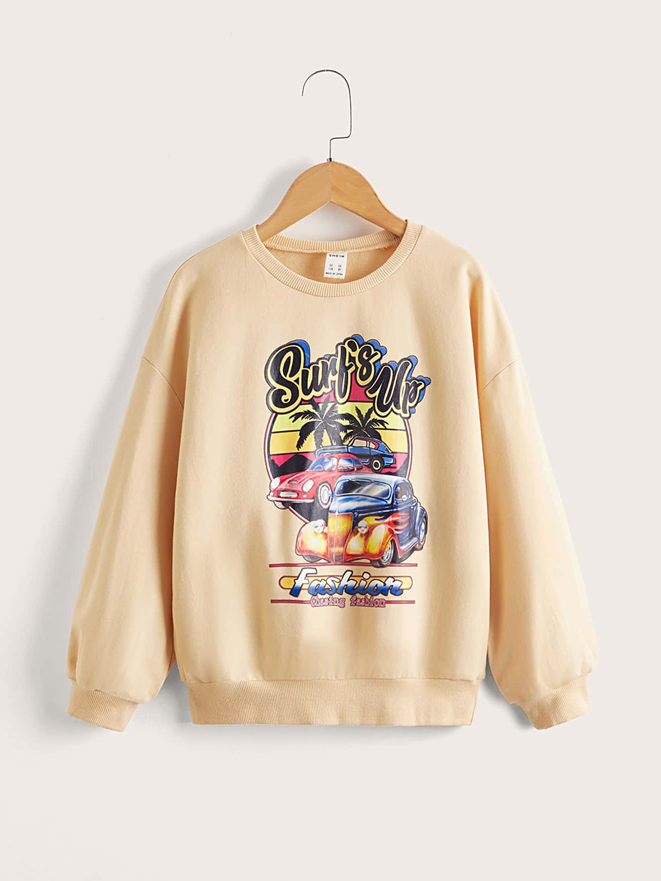 SHEIN Girls Slogan & Car Print Sweatshirt - Apricot - View 1
