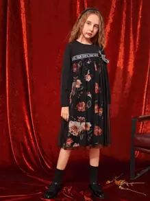 SHEIN Girls Floral Print Contrast Letter Tape Bow Front Mesh Overlay Dress - Multicolor - View 1