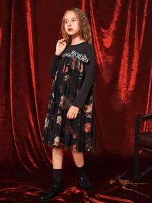 SHEIN Girls Floral Print Contrast Letter Tape Bow Front Mesh Overlay Dress - Multicolor - View 3