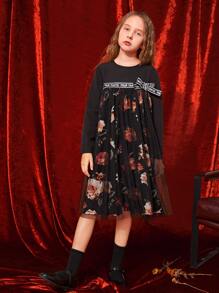 SHEIN Girls Floral Print Contrast Letter Tape Bow Front Mesh Overlay Dress - Multicolor - View 5