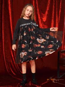 SHEIN Girls Floral Print Contrast Letter Tape Bow Front Mesh Overlay Dress - Multicolor - View 7