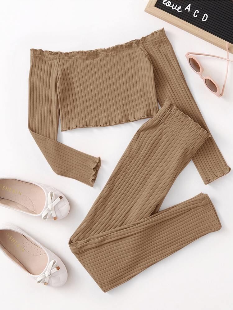 SHEIN Girls Off Shoulder Lettuce Trim Crop Top & Leggings - Camel - View 1