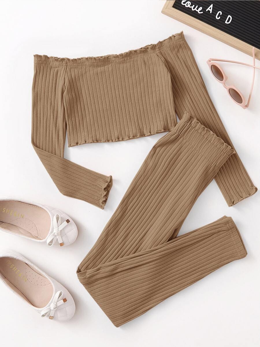SHEIN Girls Off Shoulder Lettuce Trim Crop Top & Leggings - Camel - View 1