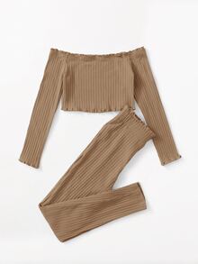 SHEIN Girls Off Shoulder Lettuce Trim Crop Top & Leggings - Camel - View 2