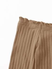 SHEIN Girls Off Shoulder Lettuce Trim Crop Top & Leggings - Camel - View 4