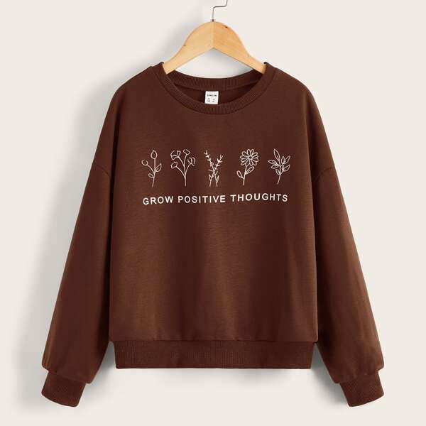 

Girls Floral & Slogan Graphic Drop Shoulder Pullover, Brown