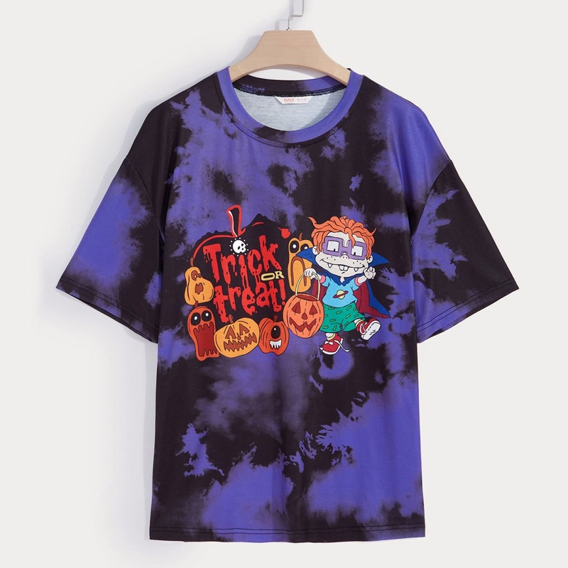 

Halloween Cartoon Print Tie Dye Tee, Multicolor