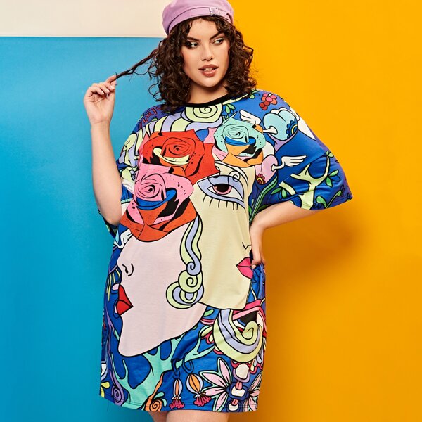 

Plus Figure & Floral Print Drop Shoulder Dress, Multicolor
