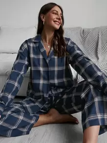 SHEIN 格紋前排扣睡衣套裝 - 彩色 - 查看 3