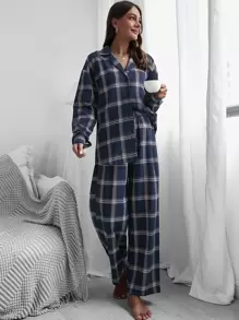 SHEIN 格紋前排扣睡衣套裝 - 彩色 - 查看 5