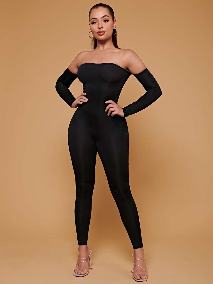 SHEIN PETITE Off Shoulder Unitard Spring Women Jumpsuit - Black - View 1