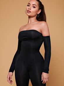 SHEIN PETITE Off Shoulder Unitard Spring Women Jumpsuit - Black - View 4