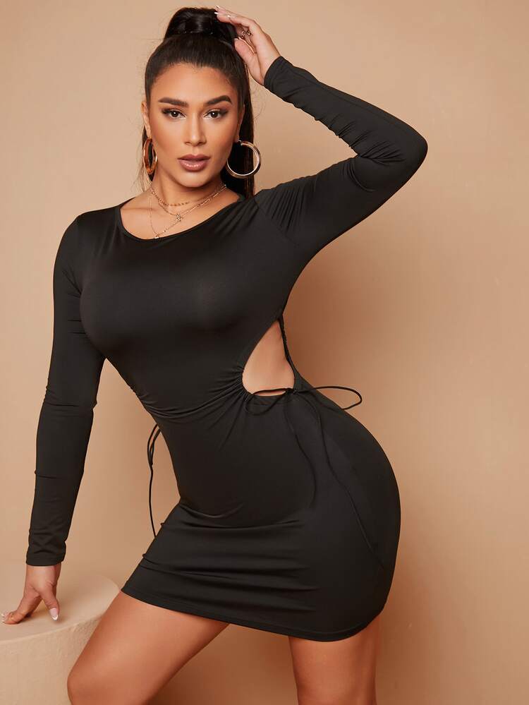 SHEIN SXY Drawstring Cut Out Side Bodycon Dress - Black - View 1