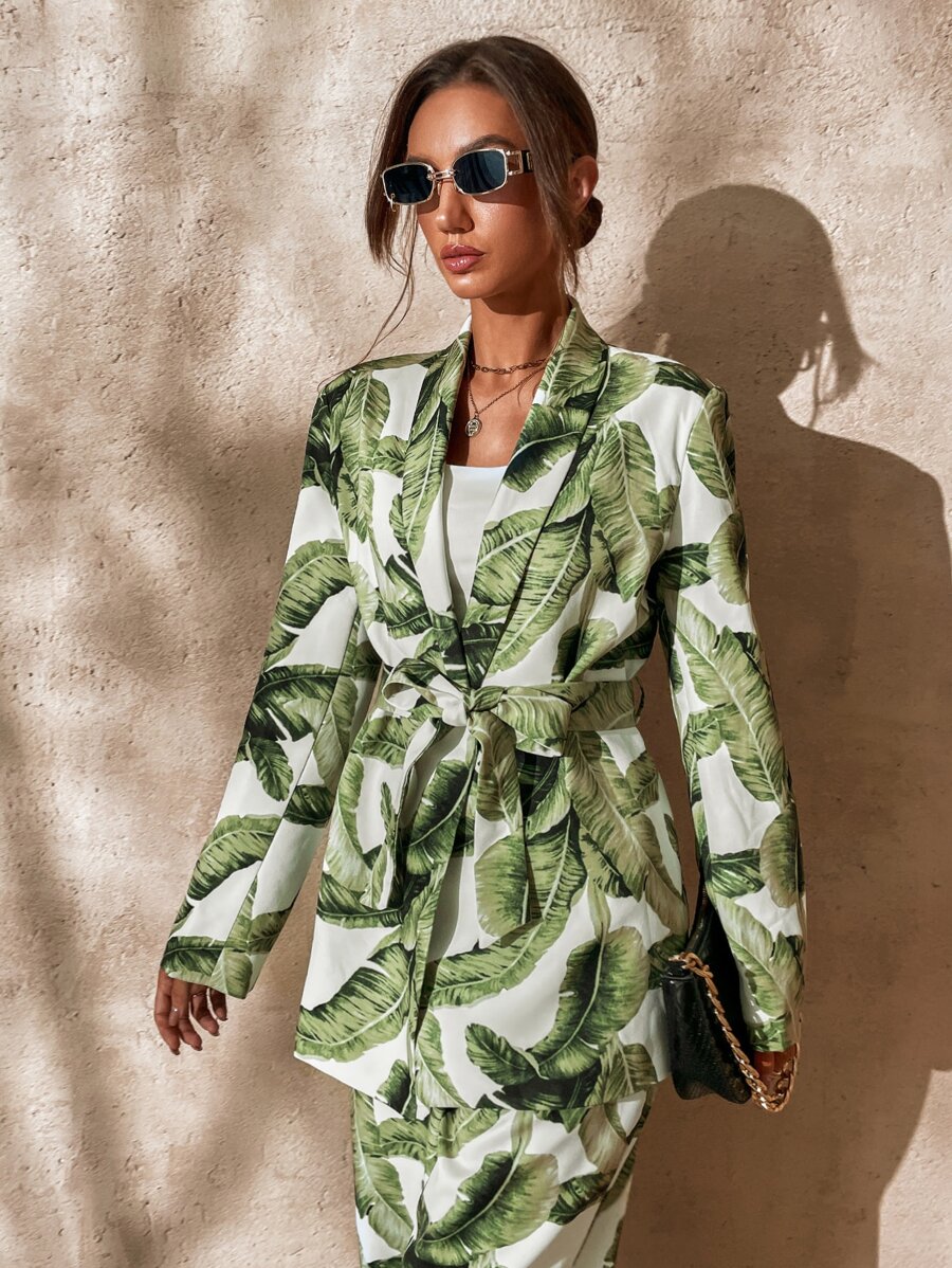 GENKIRA Tropical Print Shawl Collar Belted Coat Fall Cloth For Women - Multicolor - View 1