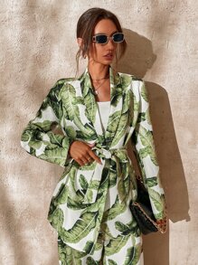 GENKIRA Tropical Print Shawl Collar Belted Coat Fall Cloth For Women - Multicolor - View 3