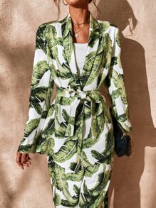 GENKIRA Tropical Print Shawl Collar Belted Coat Fall Cloth For Women - Multicolor - View 4