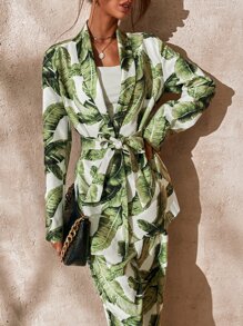 GENKIRA Tropical Print Shawl Collar Belted Coat Fall Cloth For Women - Multicolor - View 5