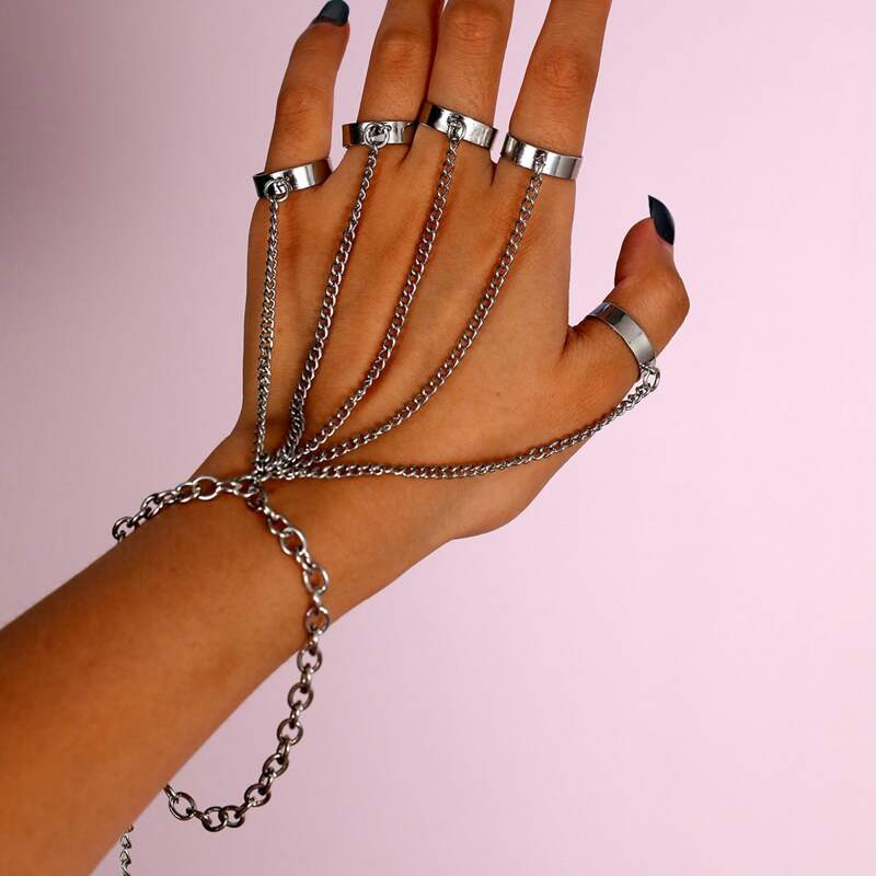

Chain Decor Bracelet With Ring, Silver