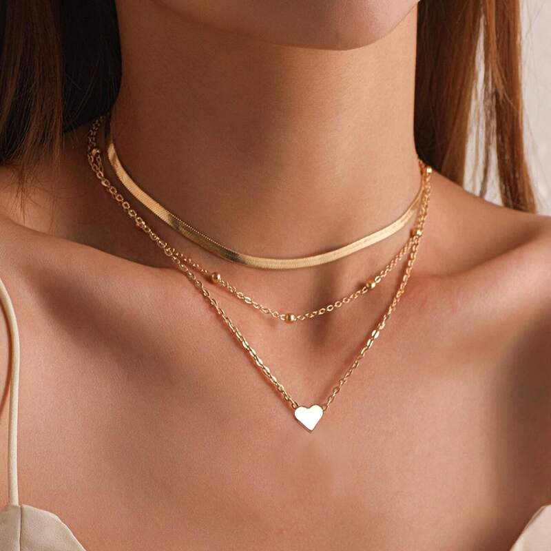 

2pcs Heart Decor Chain Necklace, Gold