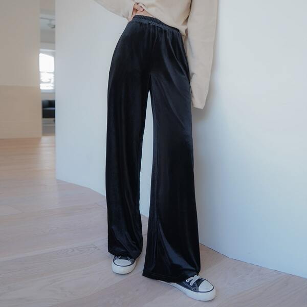 

High Waist Velvet Wide Leg Pants, Black