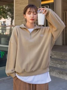 DAZY Quarter Zip Letter Embroidery Drop Shoulder Fleece Sweatshirt - Khaki - View 1
