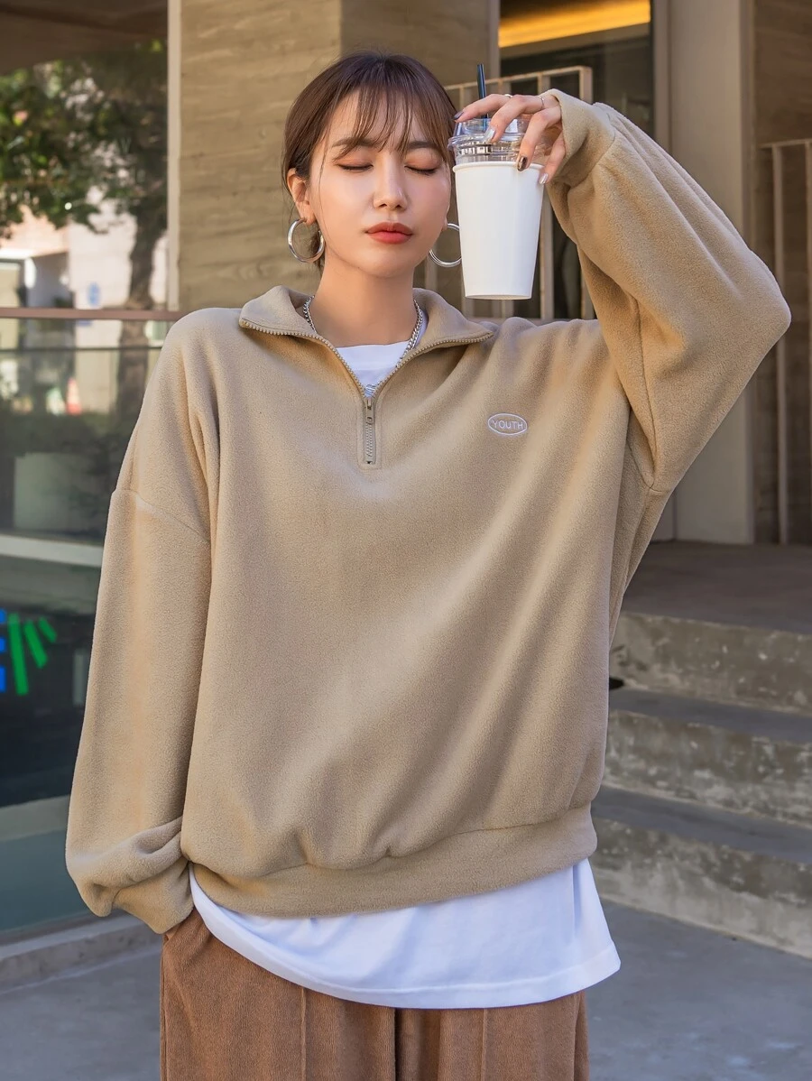 DAZY Quarter Zip Letter Embroidery Drop Shoulder Fleece Sweatshirt - Khaki - View 1
