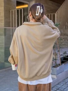 DAZY Quarter Zip Letter Embroidery Drop Shoulder Fleece Sweatshirt - Khaki - View 2