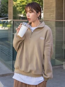 DAZY Quarter Zip Letter Embroidery Drop Shoulder Fleece Sweatshirt - Khaki - View 4