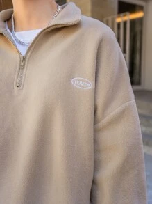 DAZY Quarter Zip Letter Embroidery Drop Shoulder Fleece Sweatshirt - Khaki - View 5