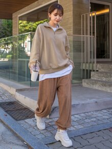 DAZY Quarter Zip Letter Embroidery Drop Shoulder Fleece Sweatshirt - Khaki - View 6